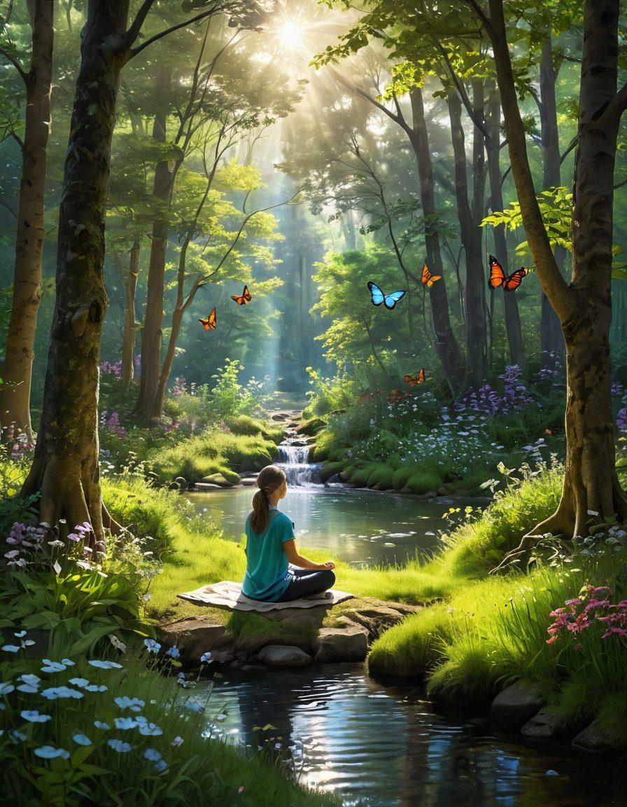 A serene landscape featuring a peaceful forest with sunlight streaming through the trees, a person meditating on a soft patch of grass surrounded by blooming flowers, gentle streams flowing nearby, and vivid butterflies fluttering around. The scene captures a sense of tranquility and inner joy, embodying mindfulness and happiness. super-realistic. vibrant colors. peaceful ambiance.