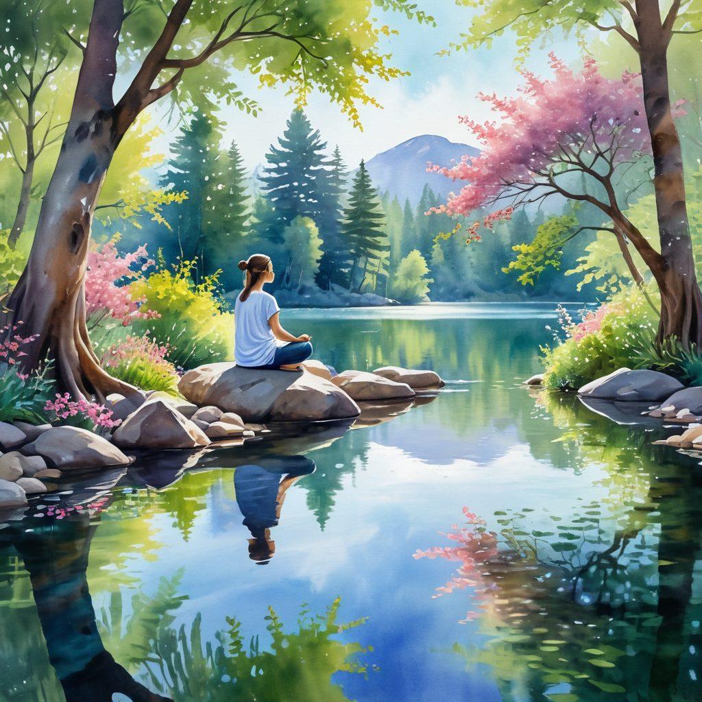 A serene landscape featuring a person meditating by a tranquil lake, surrounded by lush greenery and blooming flowers. Soft sunlight filtering through the trees creates a warm, inviting atmosphere. Elements symbolizing emotional health, like heart-shaped stones and blooming trees, are subtly incorporated. The sky is painted in calming pastel colors, reflecting a sense of peace and fulfillment. watercolor painting. vibrant colors.