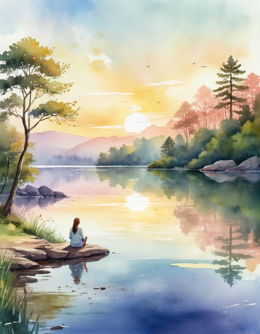 A serene landscape depicting a sunrise over a tranquil lake, symbolizing the transition from euphoria to everyday happiness. Incorporate a person meditating on the shore, surrounded by nature, with soft rays of light illuminating the scene. Add elements that signify self-care, like a journal and a steaming cup of tea nearby. The color palette should be soothing with pastel hues to evoke calmness. watercolor painting style.